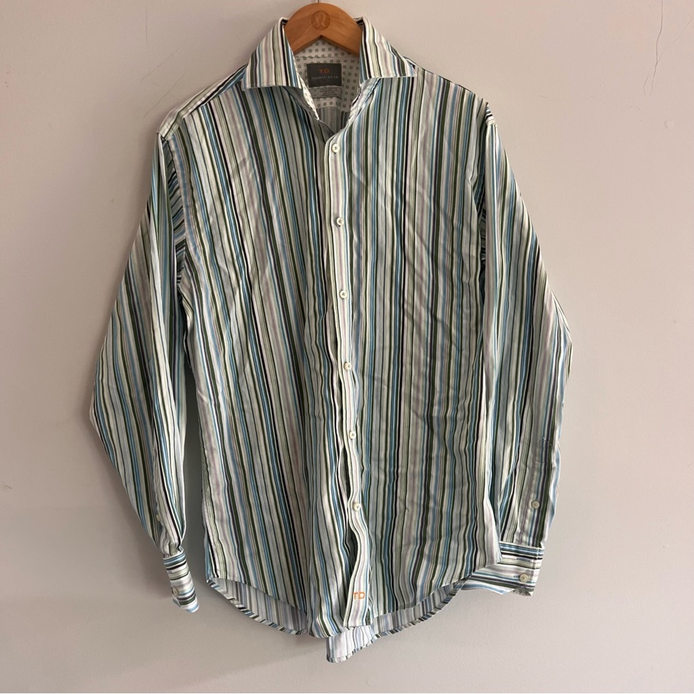 Dress shirt. Business casual. Small. Blue, green, and white.